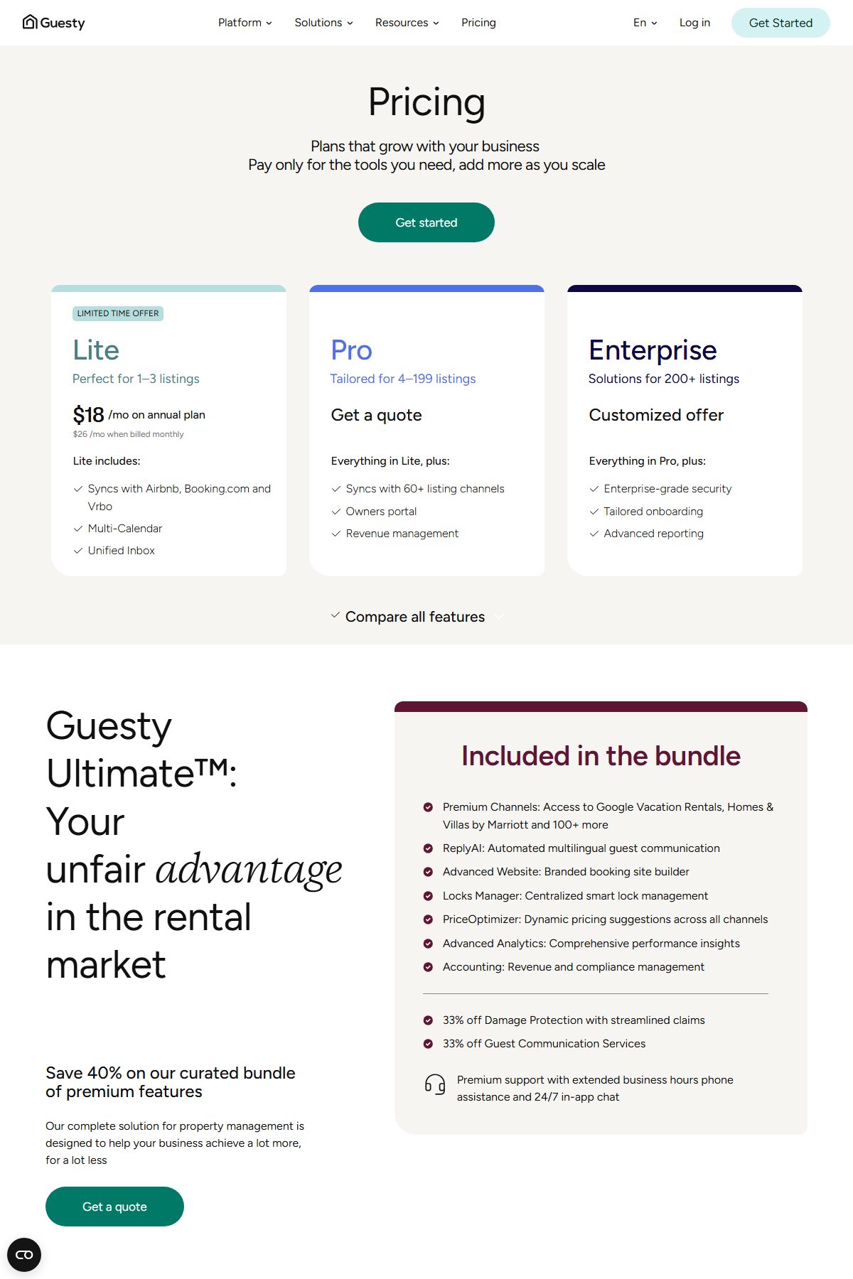Guesty pricing page captured May 2026