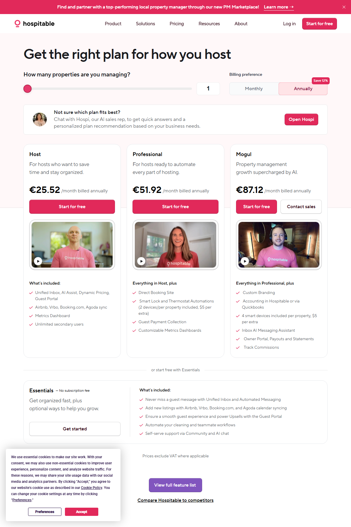 Hospitable pricing page captured May 2026