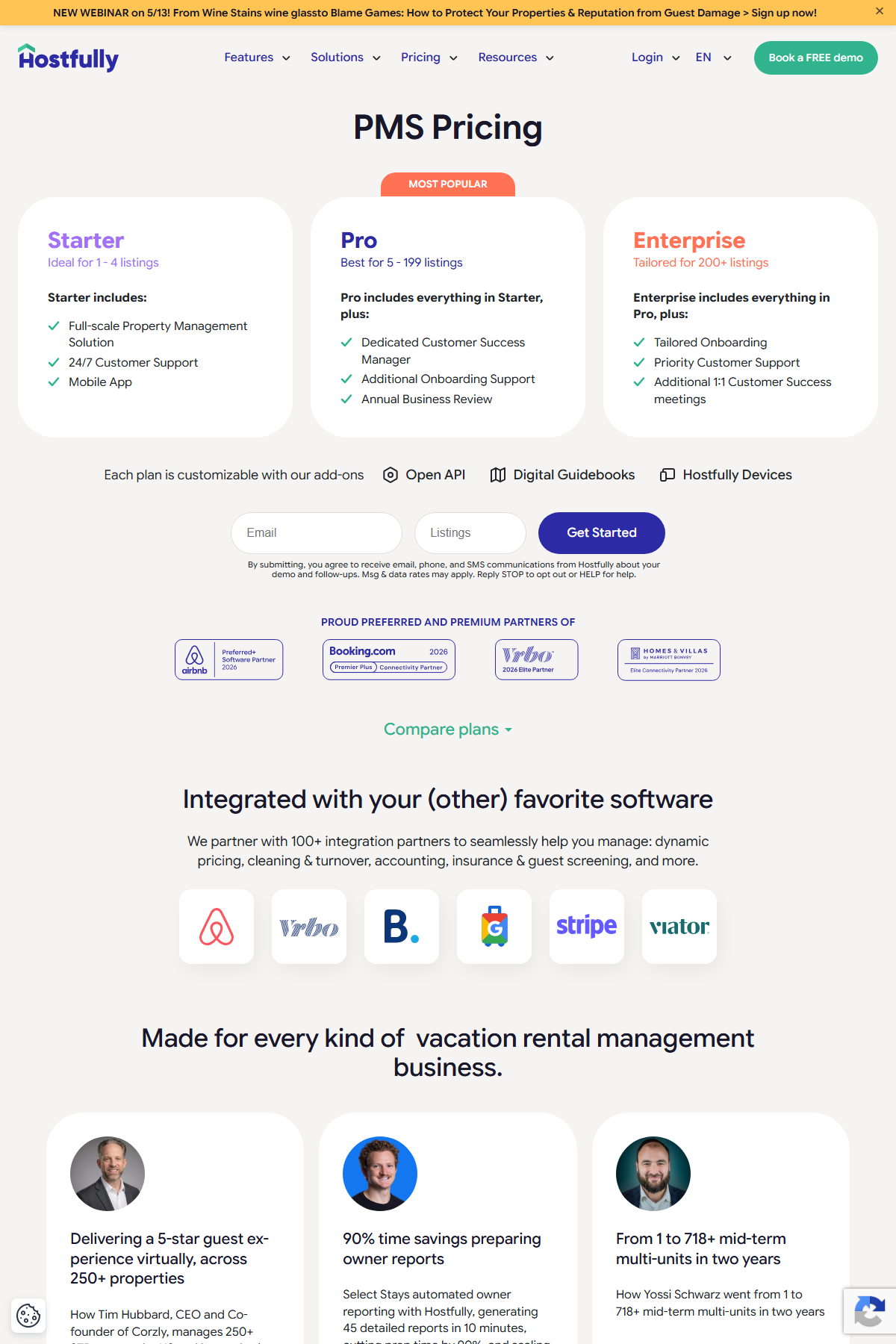 Hostfully pricing page captured May 2026