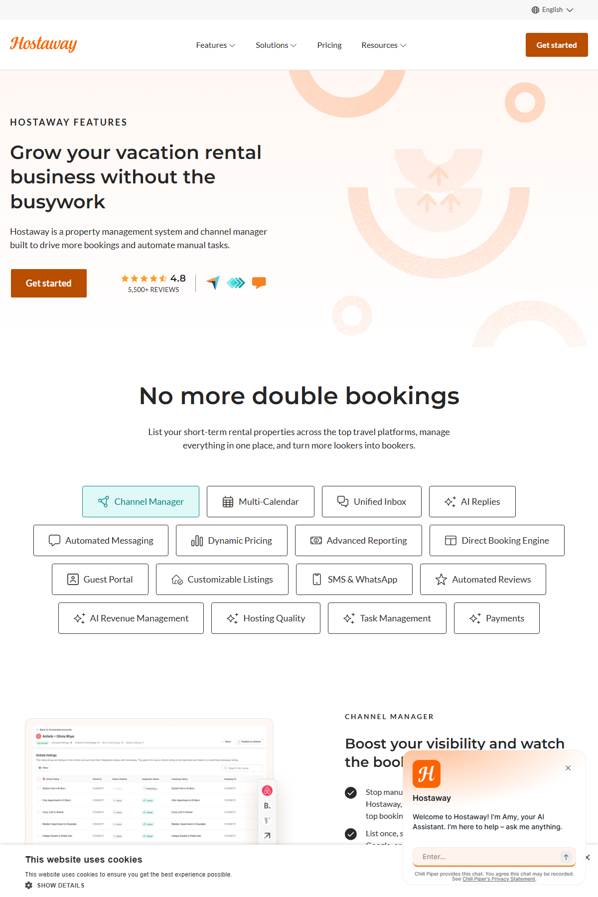 Hostaway features page captured May 2026: channel manager, automation, unified inbox, owner portal