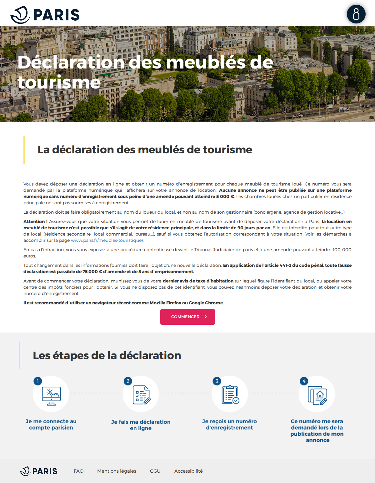 Paris official teledeclaration portal for furnished tourist rentals captured May 2026