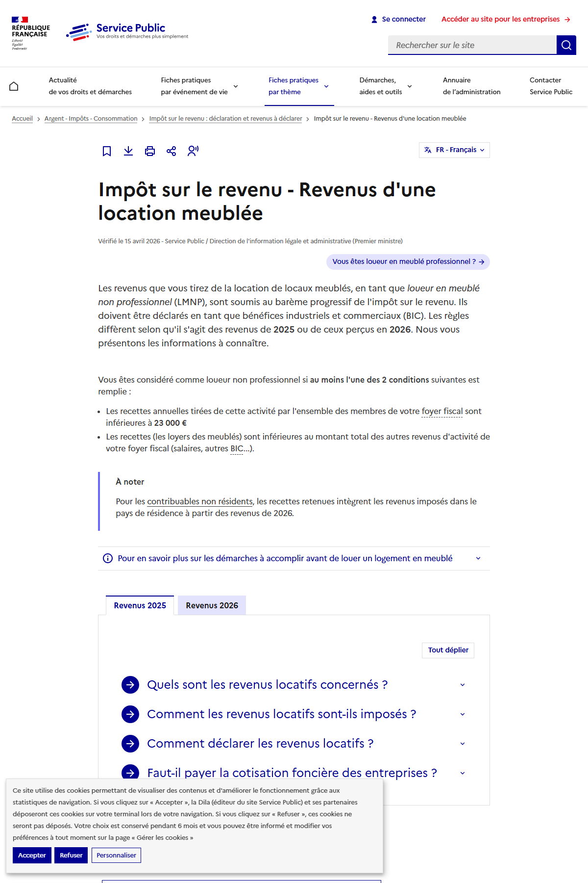 Service-public.gouv.fr page F32744 on Revenus d'une location meublée captured May 2026